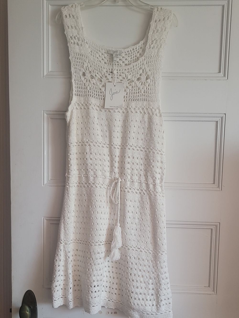 Joie Nawra Crochet Cotton Dress NWT Porcelain Cream Boho Tassel Waist Large NWT